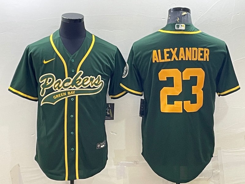 Men's Green Bay Packers #23 Jaire Alexander Green Gold With Patch Cool Base Stitched Baseball Jersey